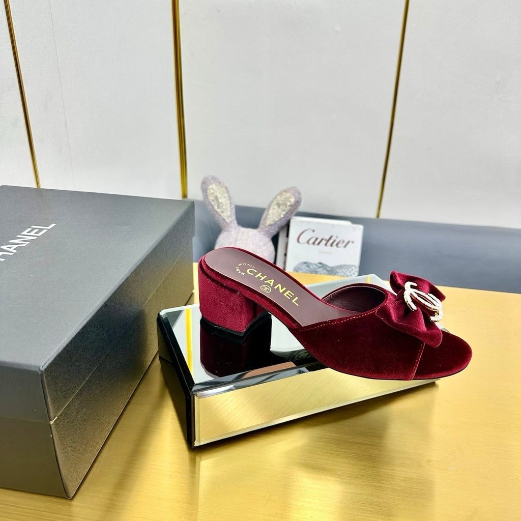 CHANEL BOWKNOT RHINESTONES MID HEEL MULE IN GARNET RED VELVET