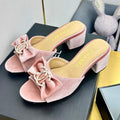CHANEL BOWKNOT RHINESTONES MID HEEL MULE IN LIGHT PINK VELVET