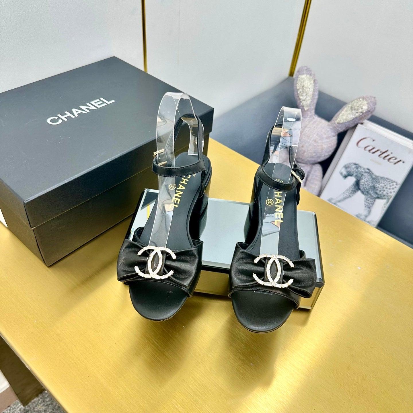 CHANEL BOWKNOT RHINESTONES MID HEEL SANDAL IN BLACK CALFSKIN