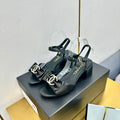 CHANEL BOWKNOT RHINESTONES MID HEEL SANDAL IN BLACK CALFSKIN
