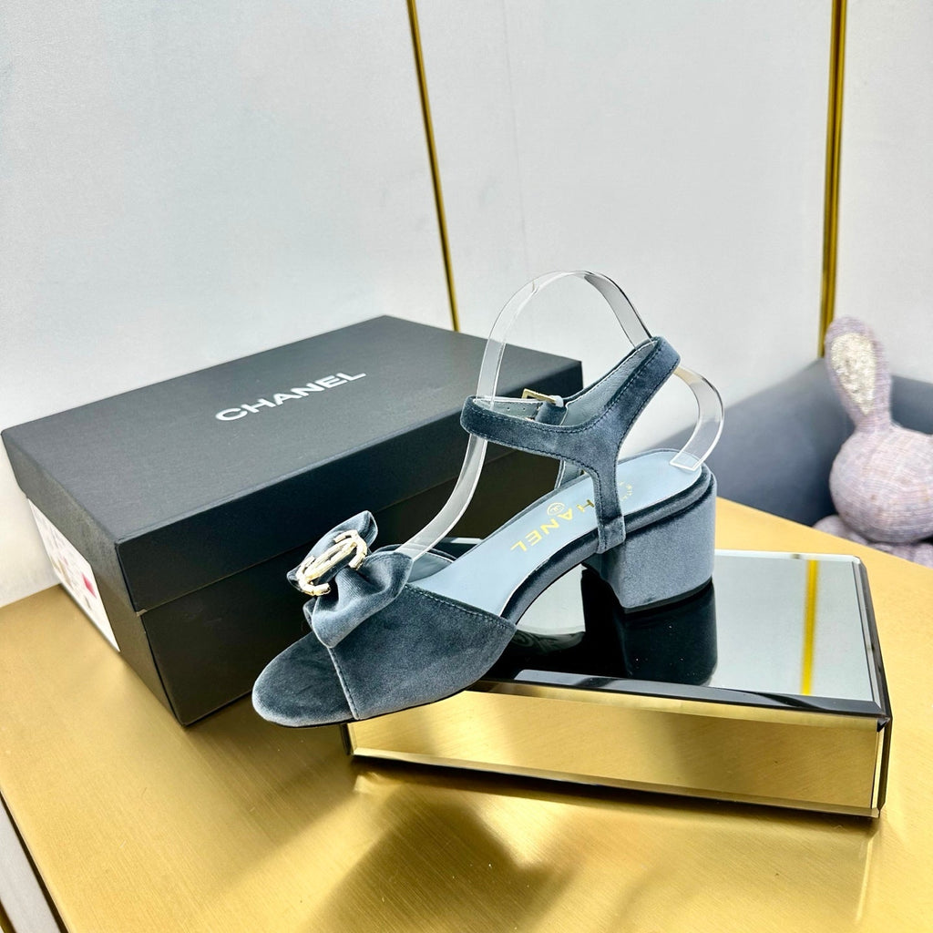 CHANEL BOWKNOT RHINESTONES MID HEEL SANDAL IN STONE BLUE VELVET