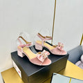 CHANEL BOWKNOT RHINESTONES MID HEEL SANDAL IN LIGHT PINK VELVET
