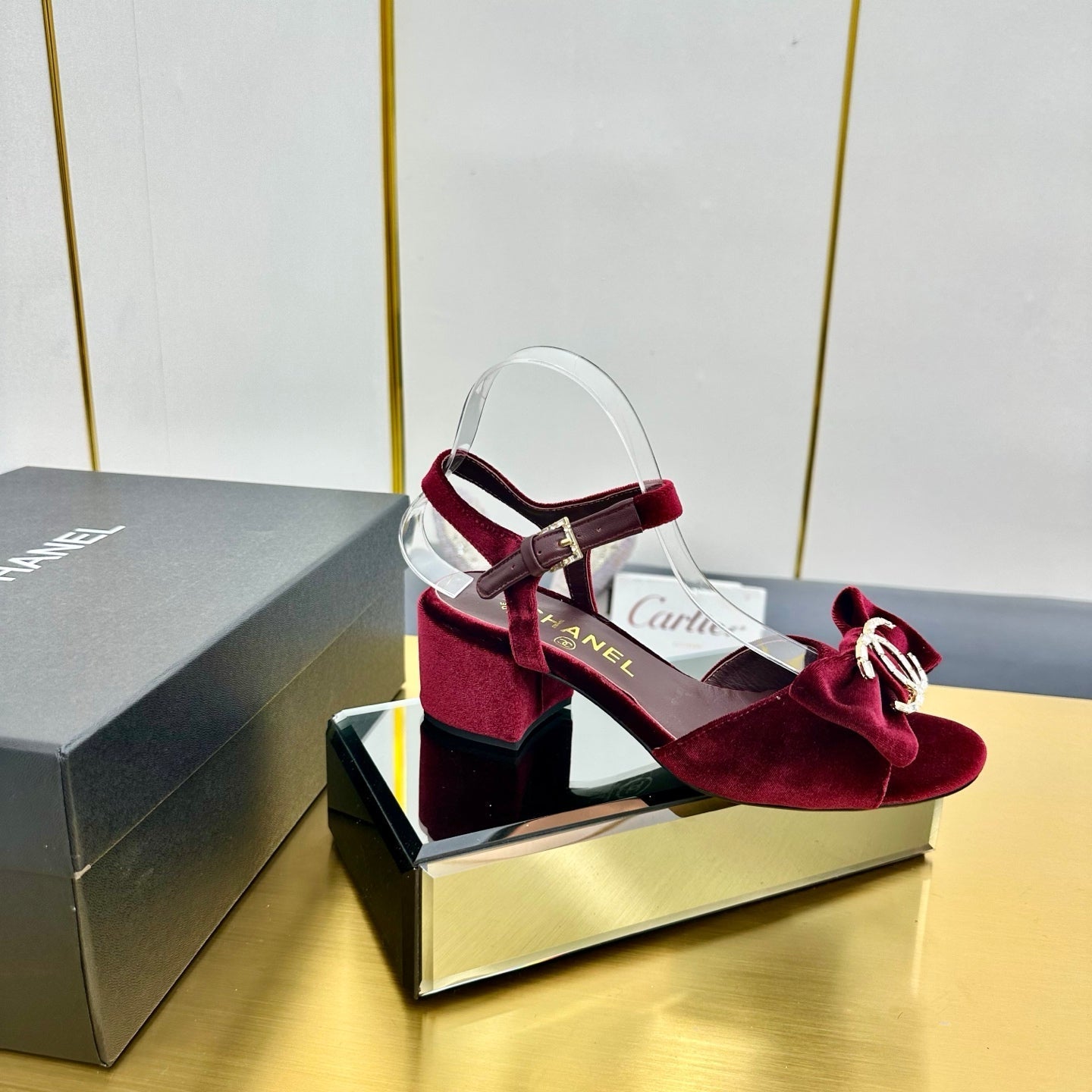 CHANEL BOWKNOT RHINESTONES MID HEEL SANDAL IN GARNET RED VELVET