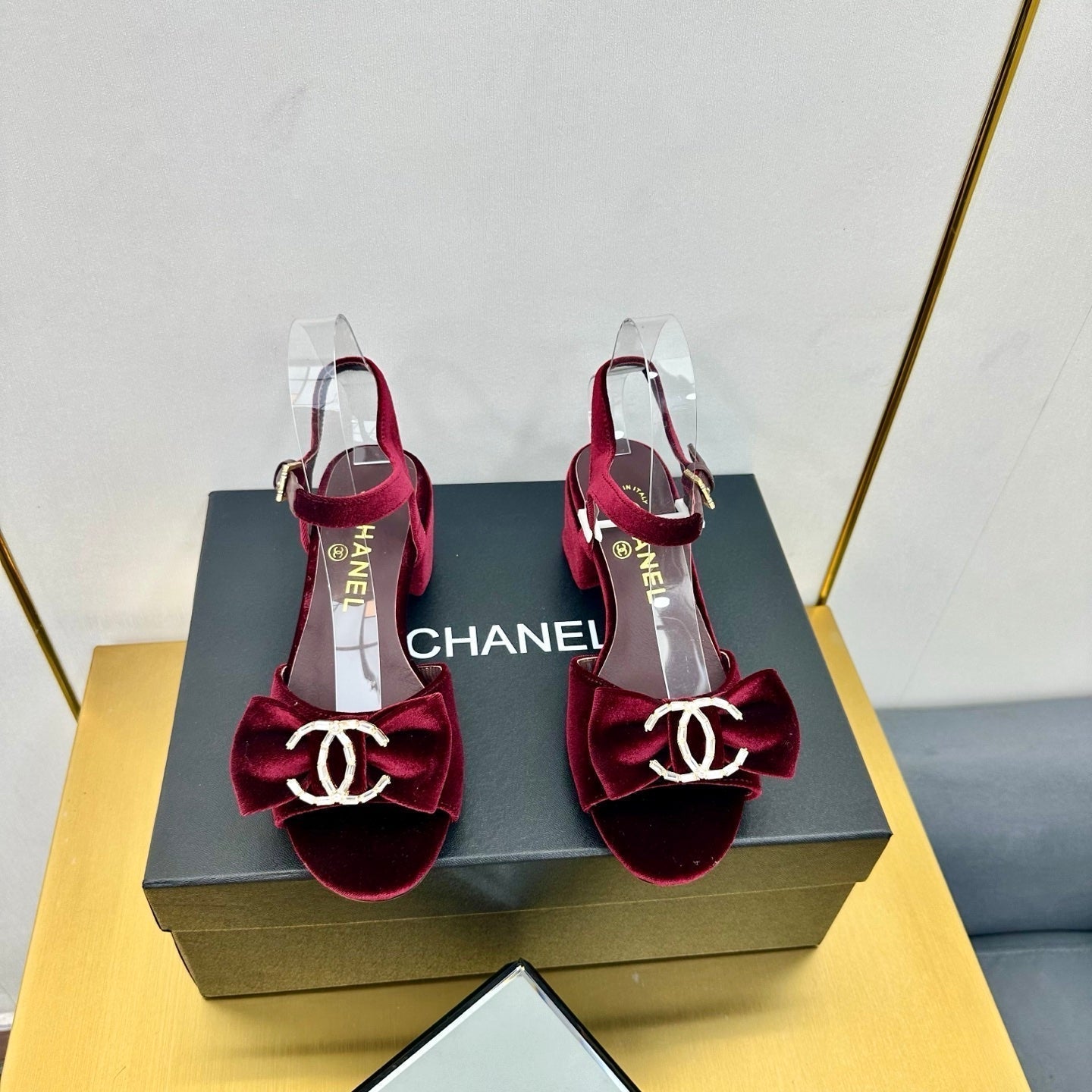 CHANEL BOWKNOT RHINESTONES MID HEEL SANDAL IN GARNET RED VELVET