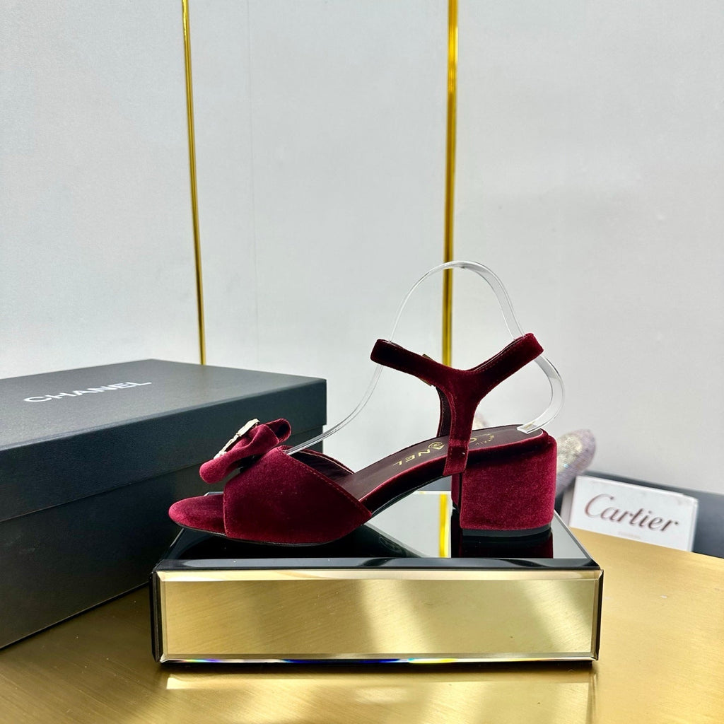 CHANEL BOWKNOT RHINESTONES MID HEEL SANDAL IN GARNET RED VELVET