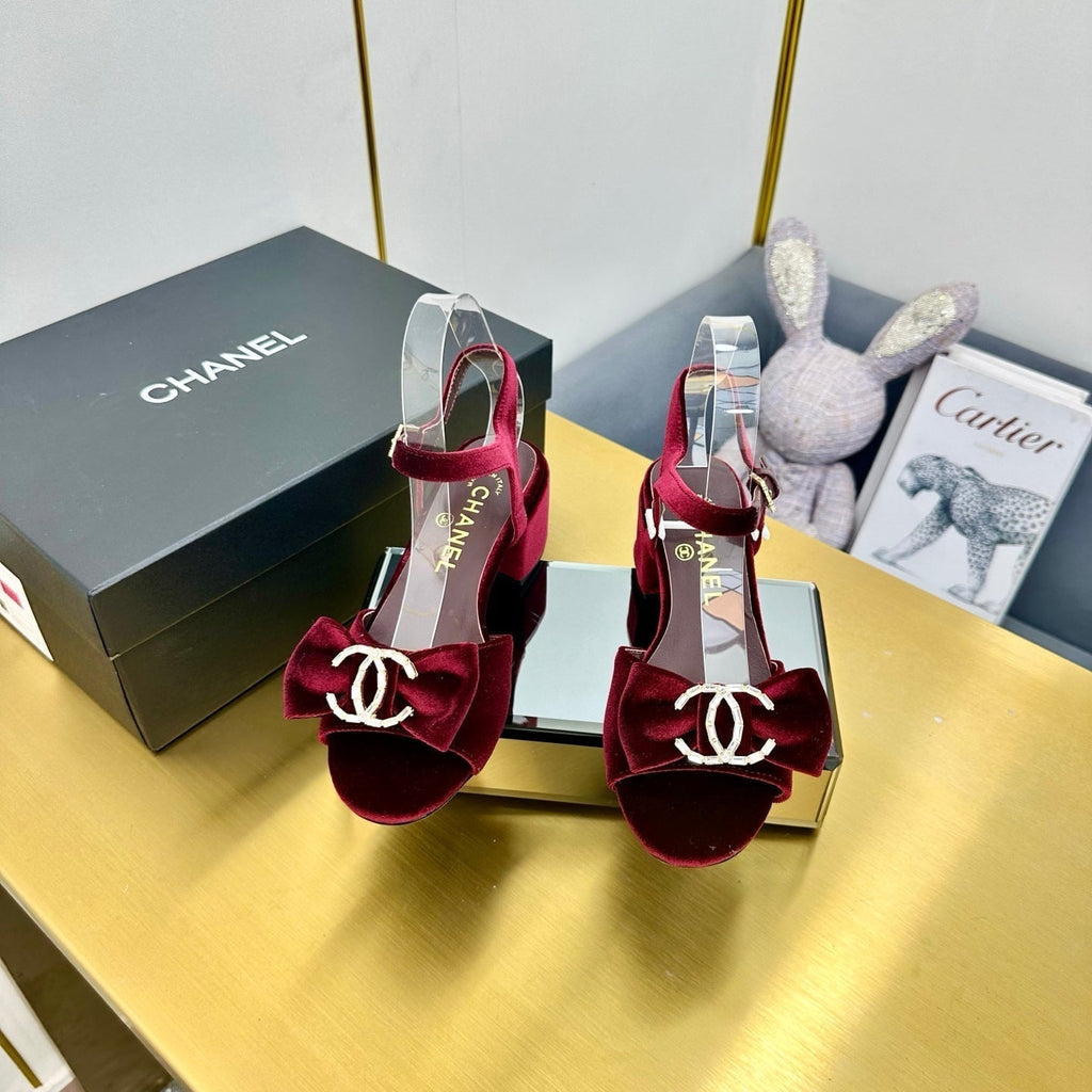 CHANEL BOWKNOT RHINESTONES MID HEEL SANDAL IN GARNET RED VELVET