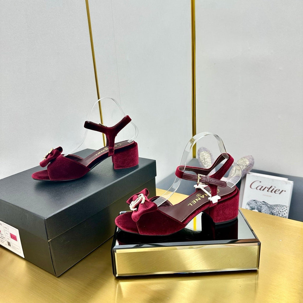 CHANEL BOWKNOT RHINESTONES MID HEEL SANDAL IN GARNET RED VELVET