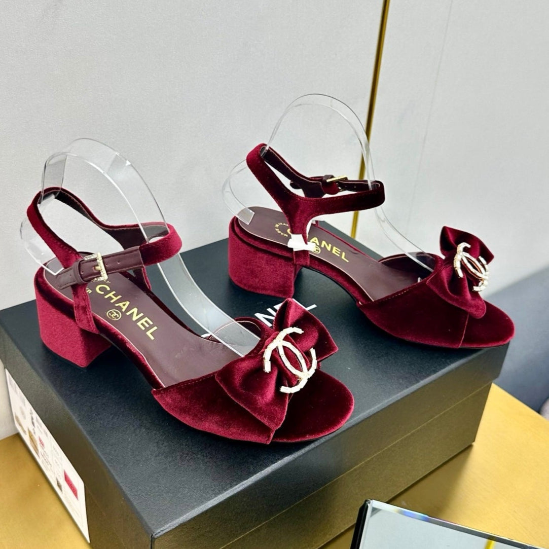 CHANEL BOWKNOT RHINESTONES MID HEEL SANDAL IN GARNET RED VELVET