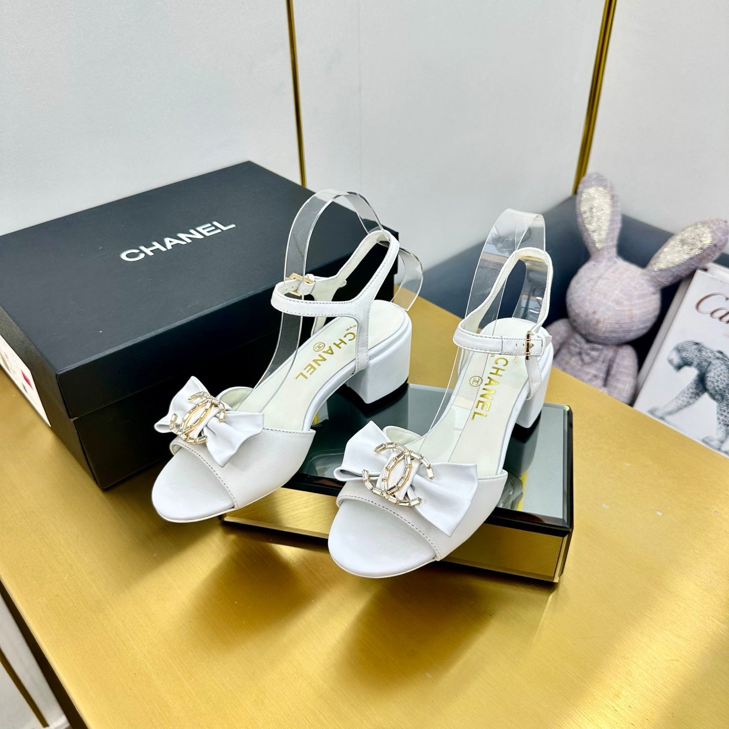 CHANEL BOWKNOT RHINESTONES MID HEEL SANDAL IN WHITE LAMBSKIN