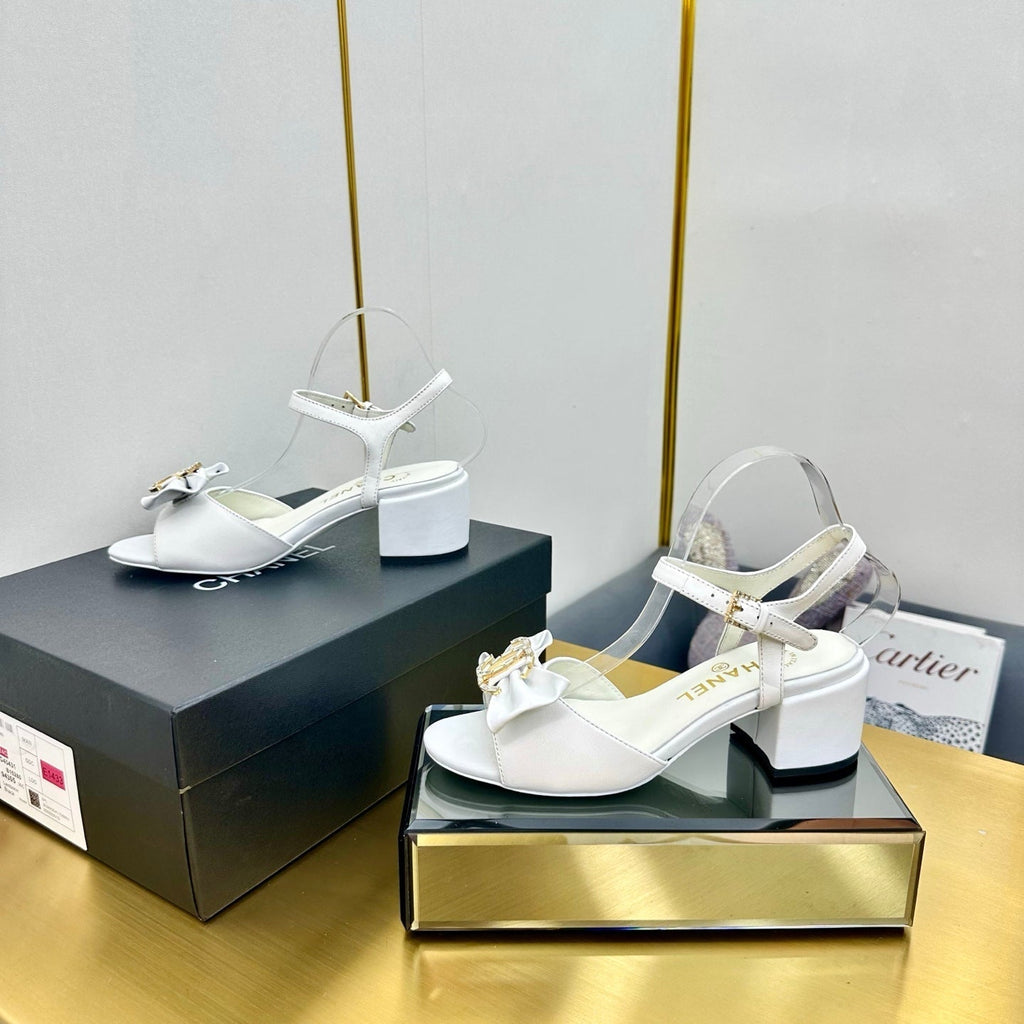 CHANEL BOWKNOT RHINESTONES MID HEEL SANDAL IN WHITE LAMBSKIN