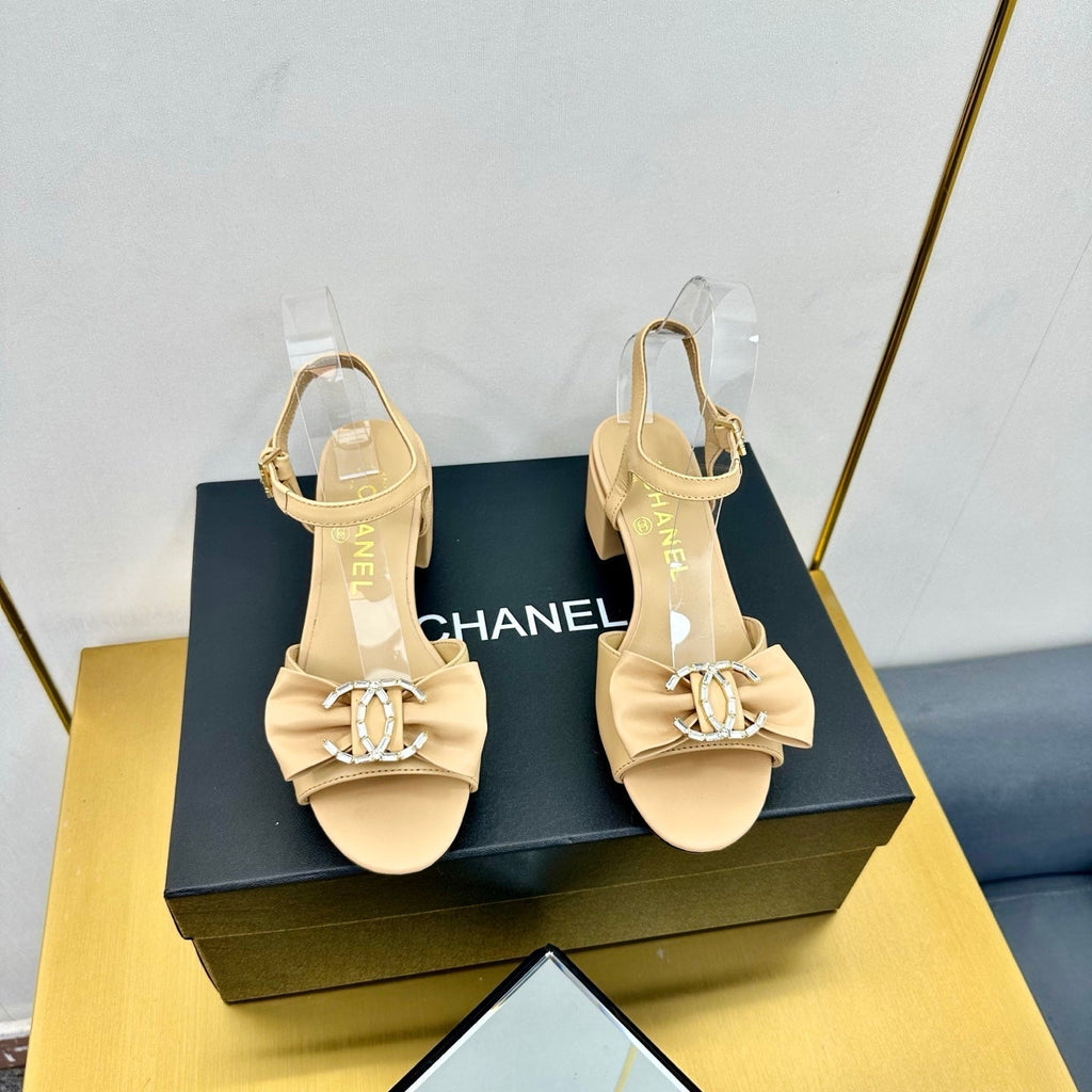 CHANEL BOWKNOT RHINESTONES MID HEEL SANDAL IN FLAX YELLOW LAMBSKIN