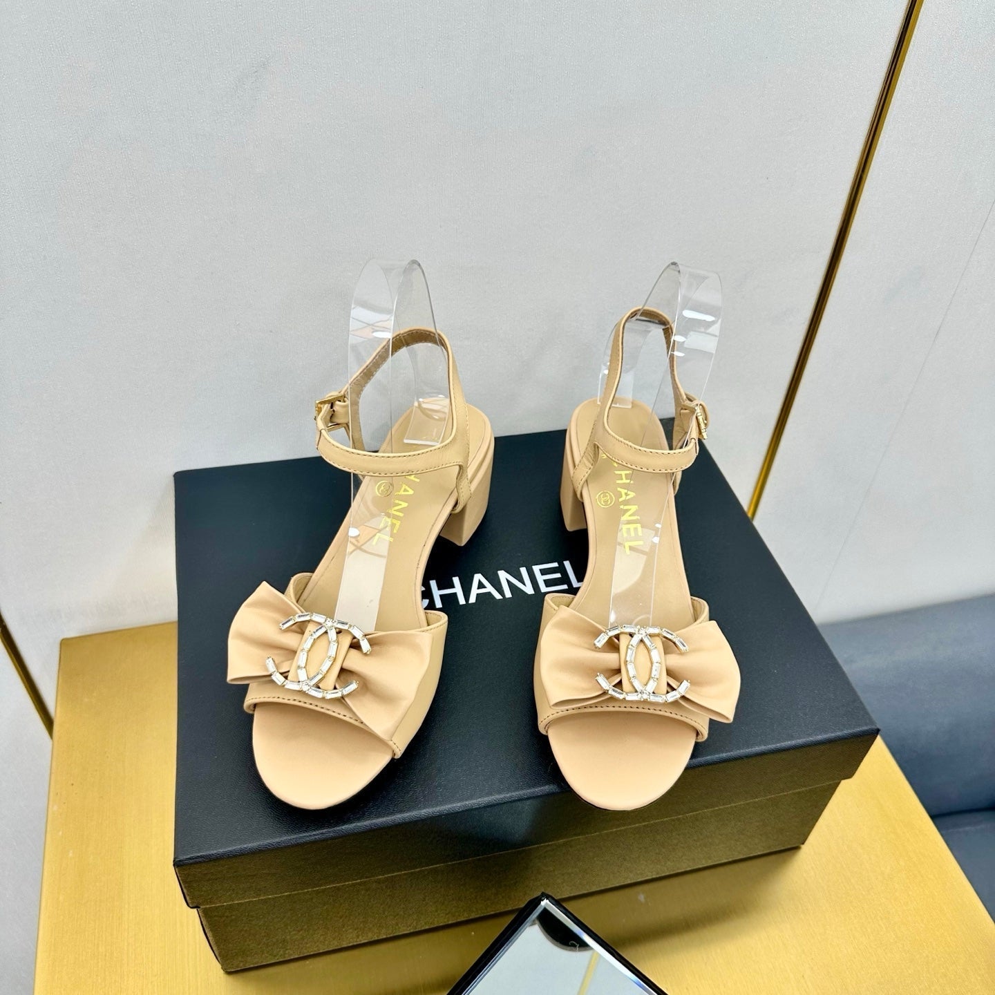 CHANEL BOWKNOT RHINESTONES MID HEEL SANDAL IN FLAX YELLOW LAMBSKIN