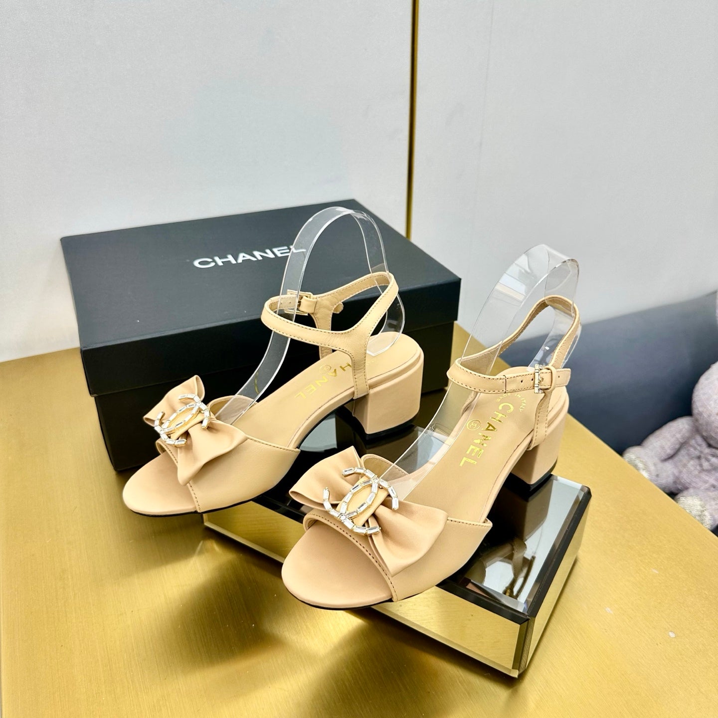 CHANEL BOWKNOT RHINESTONES MID HEEL SANDAL IN FLAX YELLOW LAMBSKIN