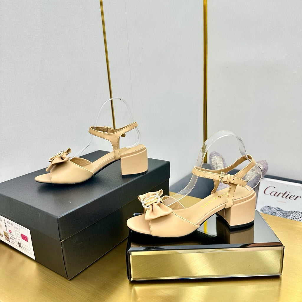 CHANEL BOWKNOT RHINESTONES MID HEEL SANDAL IN FLAX YELLOW LAMBSKIN