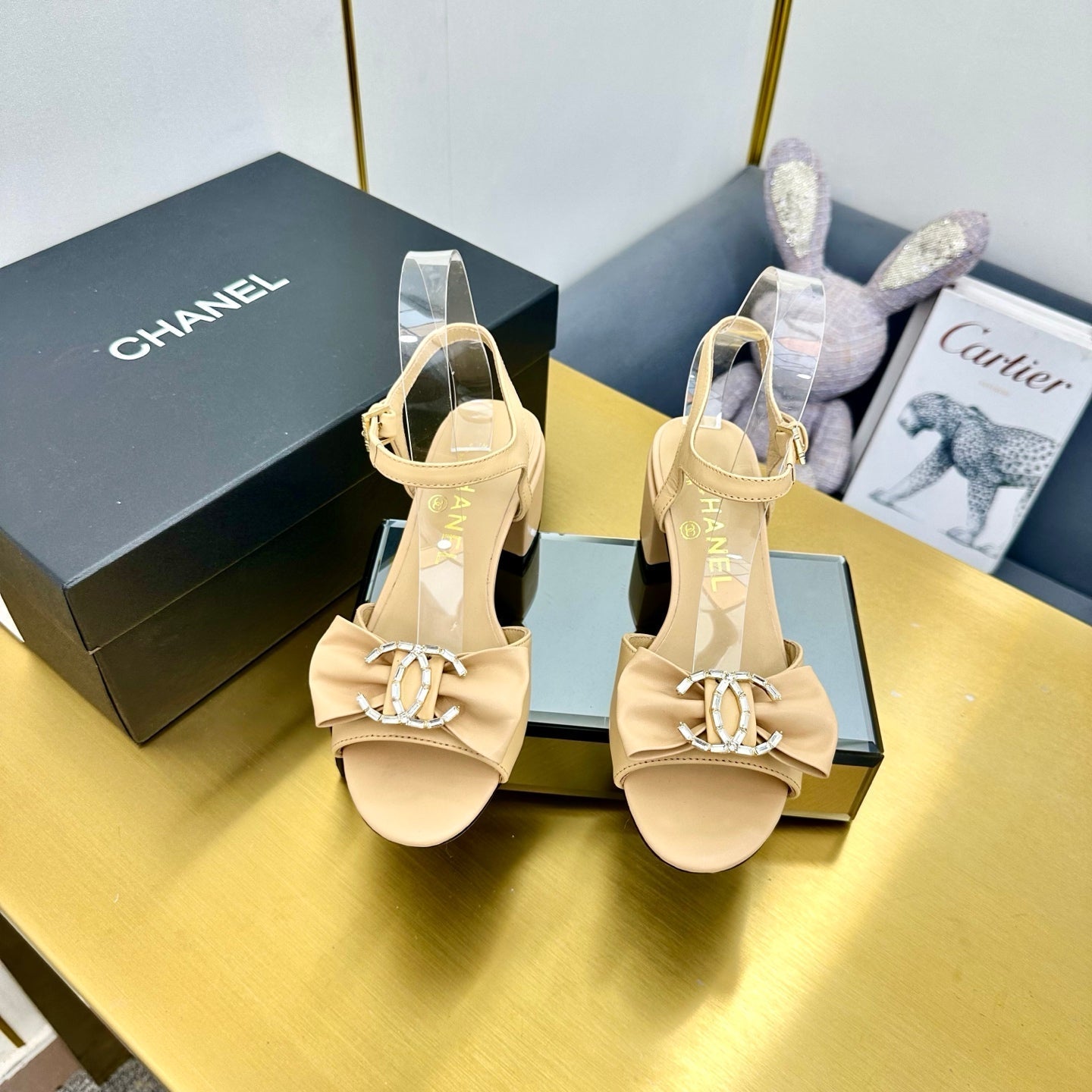 CHANEL BOWKNOT RHINESTONES MID HEEL SANDAL IN FLAX YELLOW LAMBSKIN