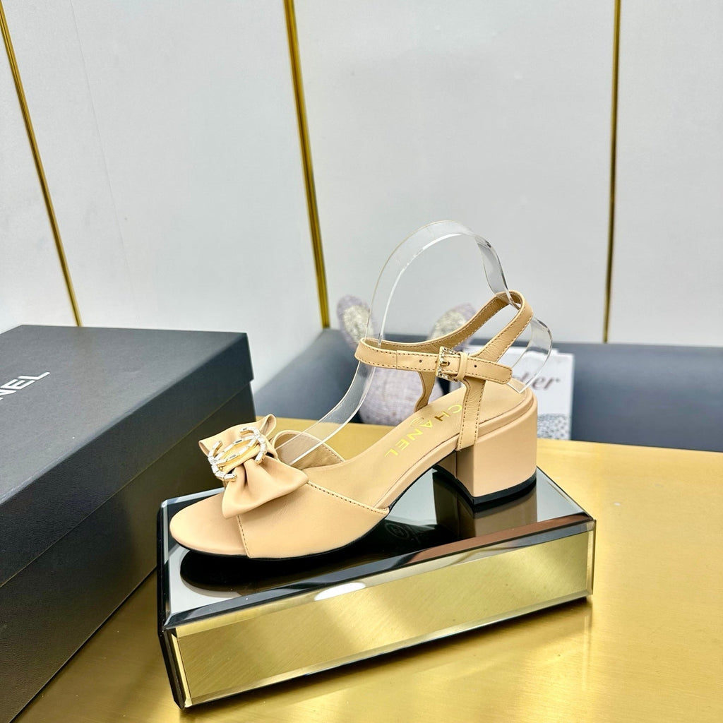 CHANEL BOWKNOT RHINESTONES MID HEEL SANDAL IN FLAX YELLOW LAMBSKIN