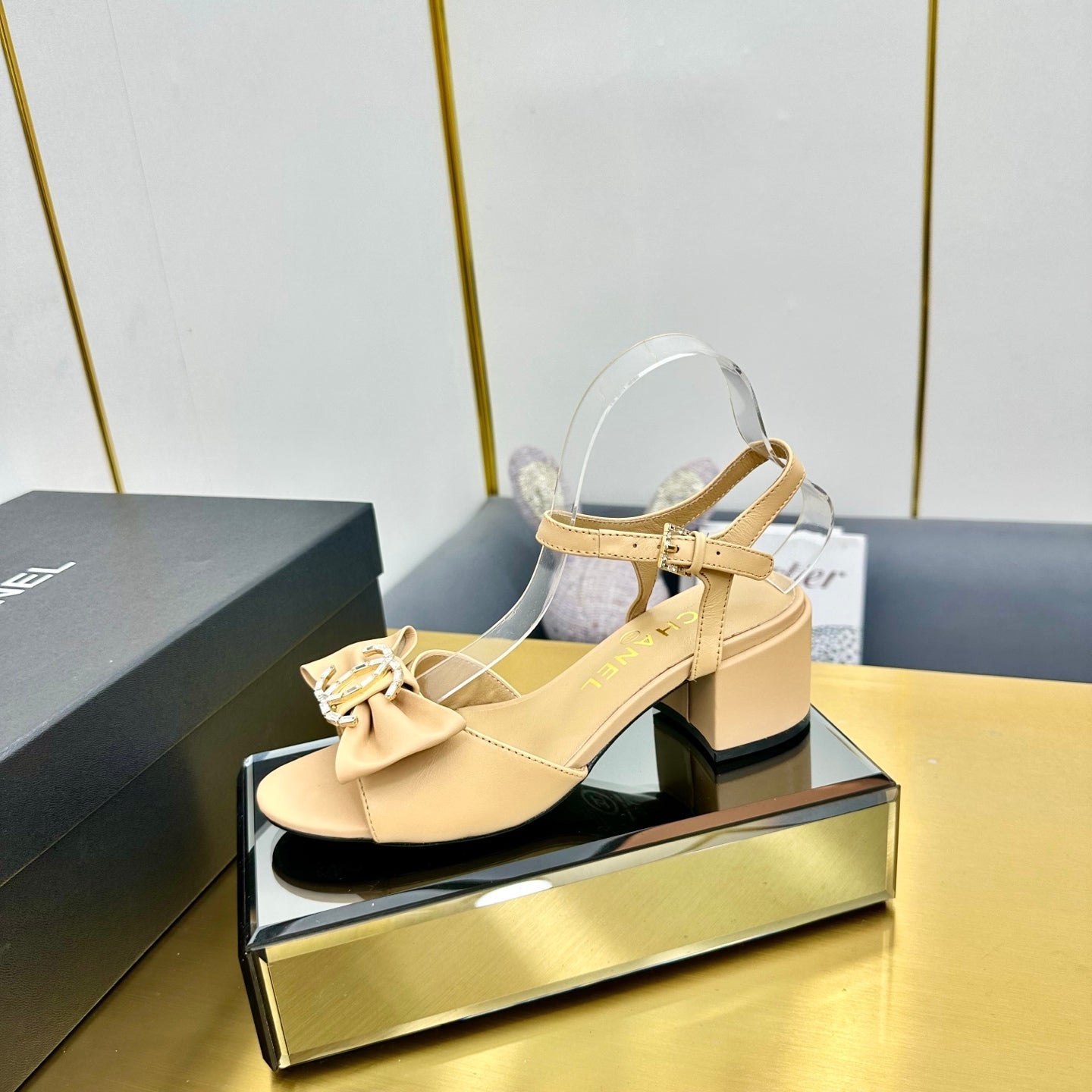 CHANEL BOWKNOT RHINESTONES MID HEEL SANDAL IN FLAX YELLOW LAMBSKIN