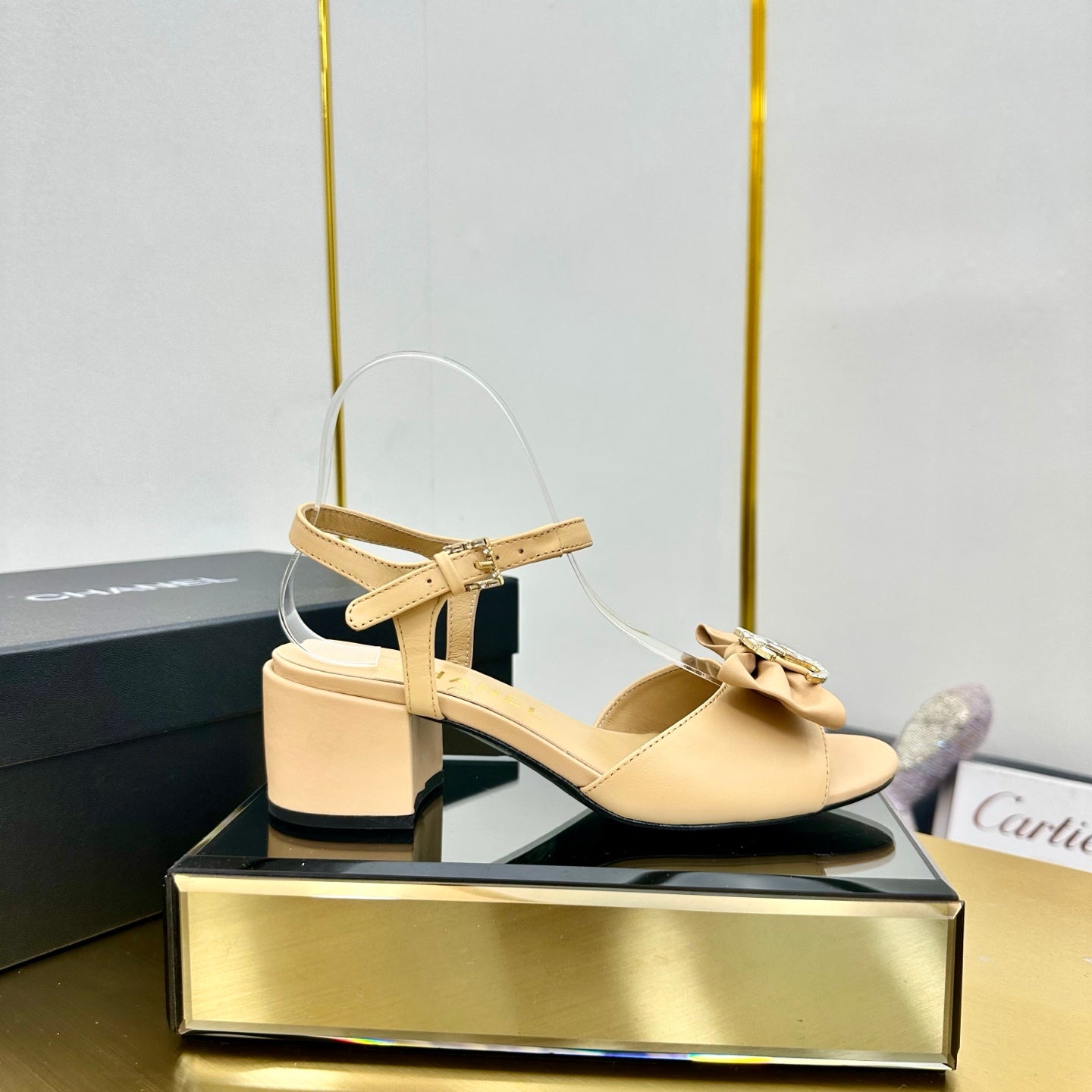 CHANEL BOWKNOT RHINESTONES MID HEEL SANDAL IN FLAX YELLOW LAMBSKIN