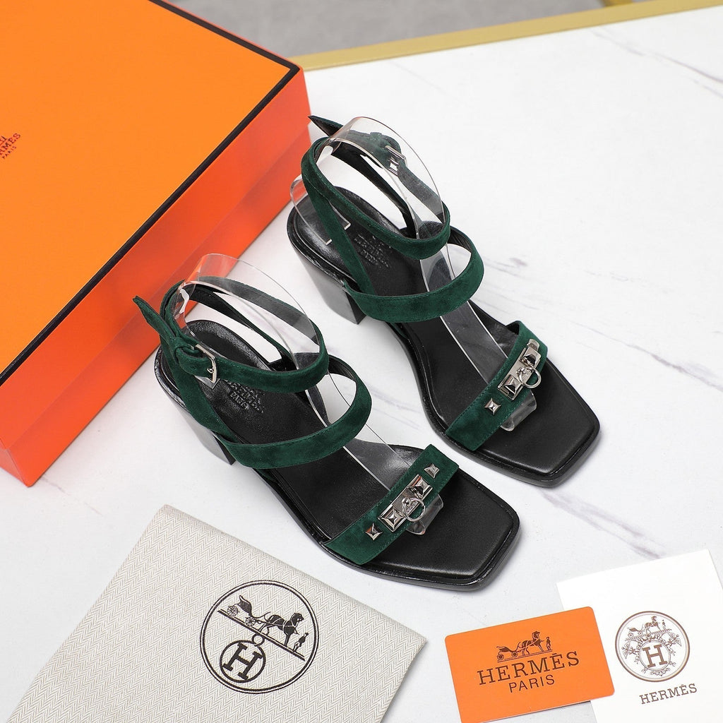 HERMES IVRESSE 65 SANDAL PEACOCK SUEDE