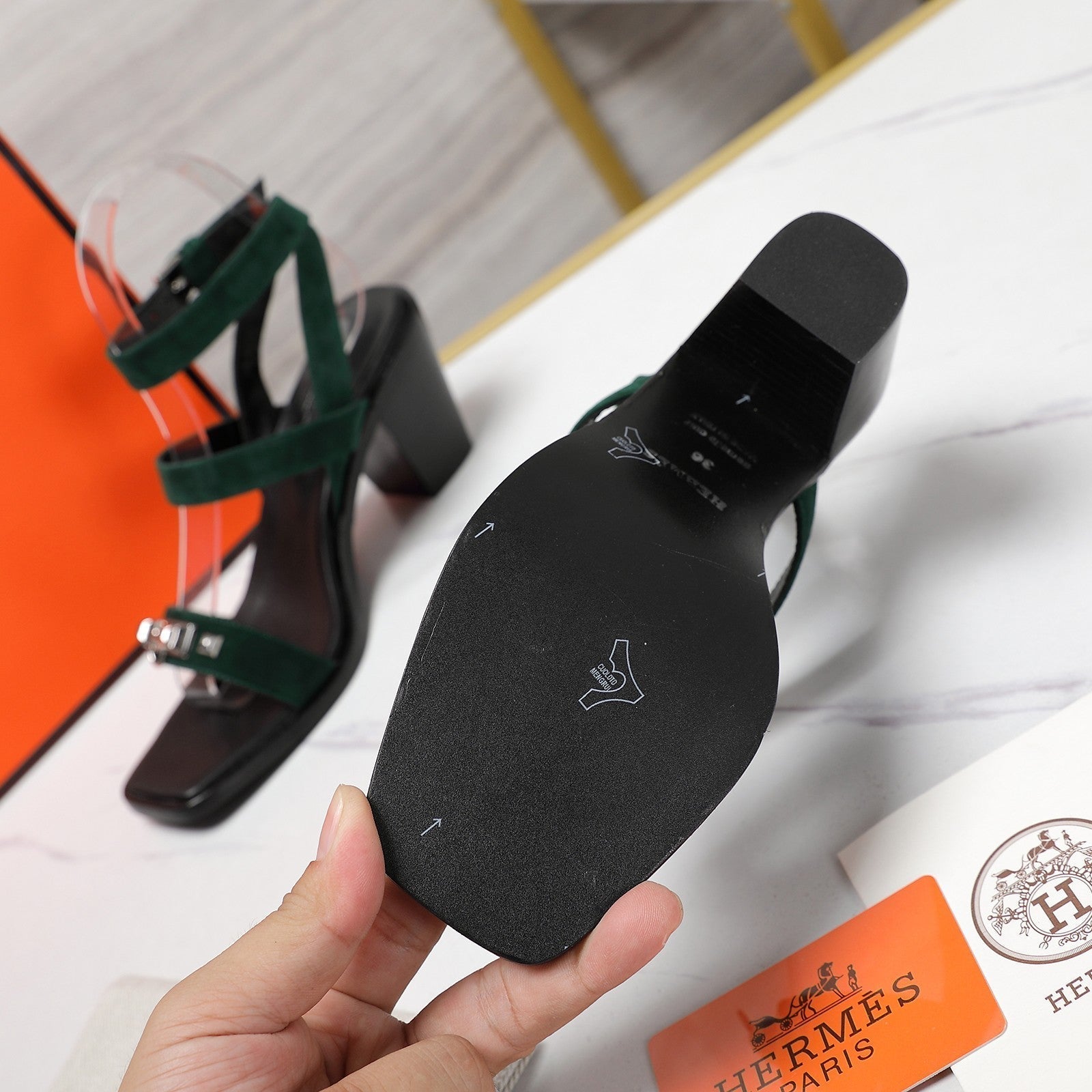 HERMES IVRESSE 65 SANDAL PEACOCK SUEDE
