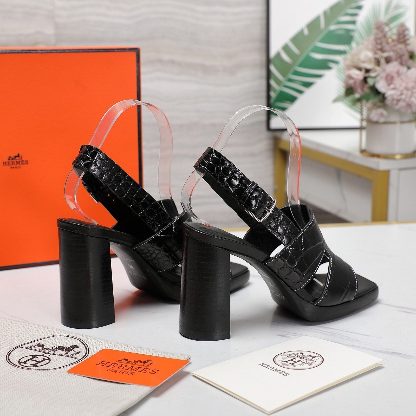HERMES ERIS 95 SANDAL BLACK CALFSKIN PATTERNED