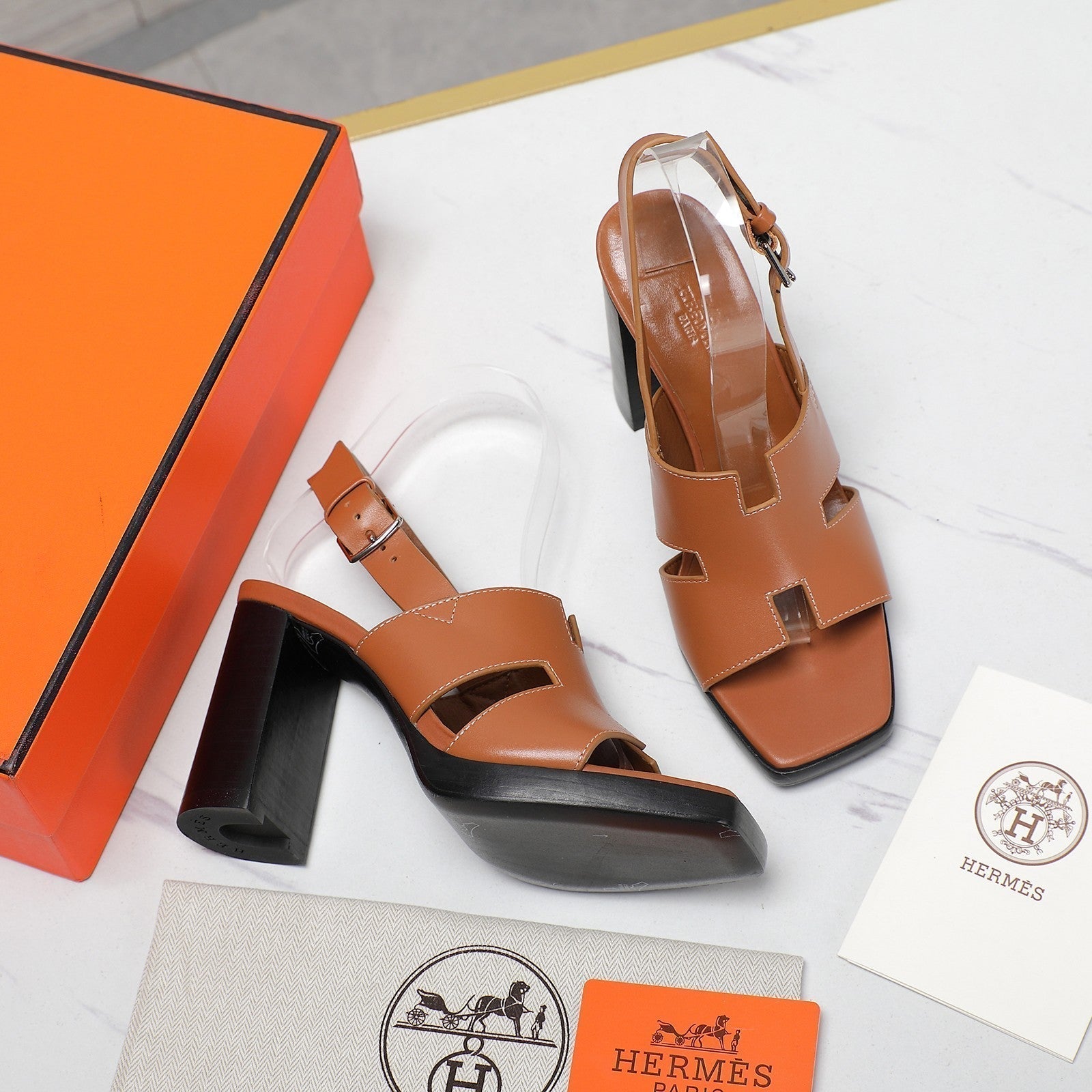 HERMES ERIS 95 SANDAL CARAMEL CALFSKIN