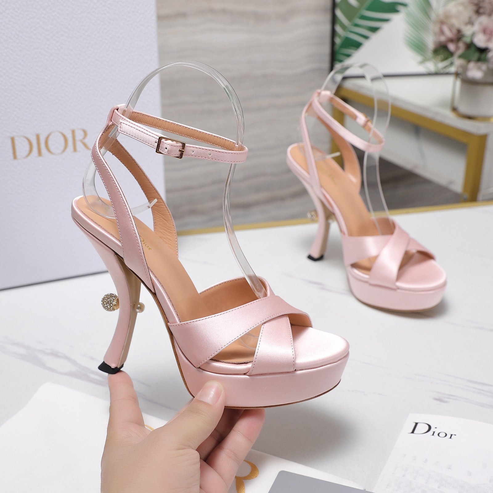 DIOR PEARL-EMBELLISHED HIGH HEEL SANDALS 25S 115 MM IN LIGHT PINK SATIN