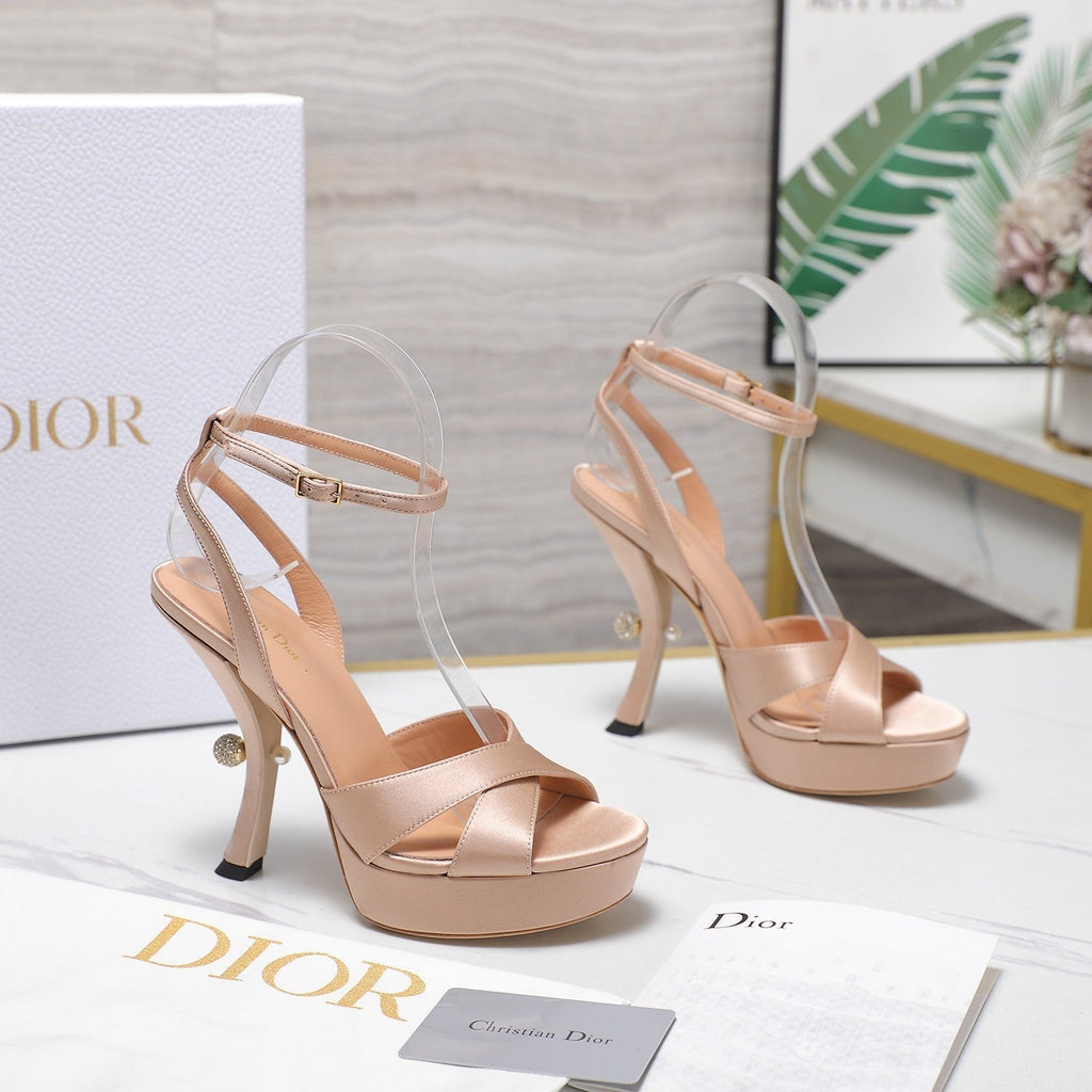DIOR PEARL-EMBELLISHED HIGH HEEL SANDALS 25S 115 MM IN BEIGE SATIN