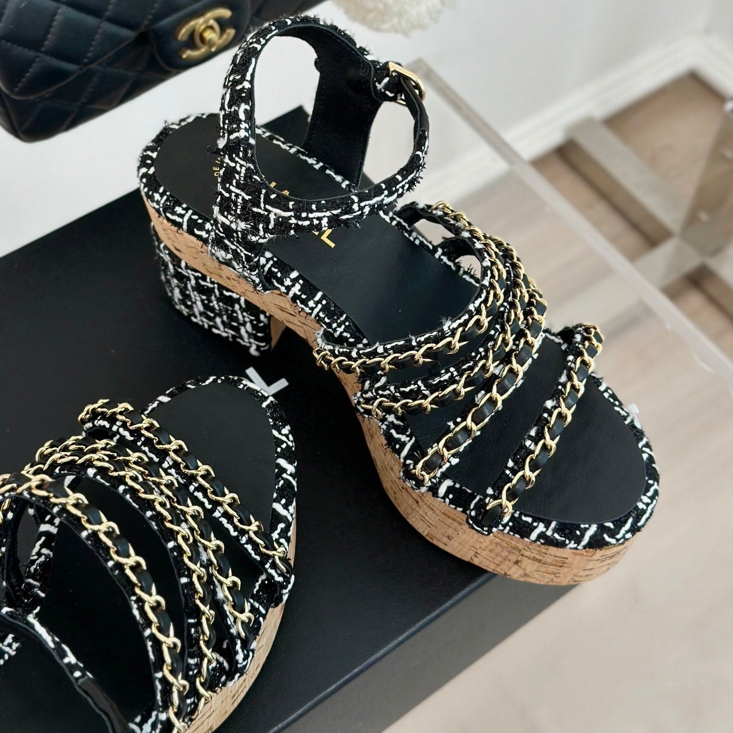 CHANEL Double C Wooden Chain Platform Block Heel Sandals White Caro/ Black