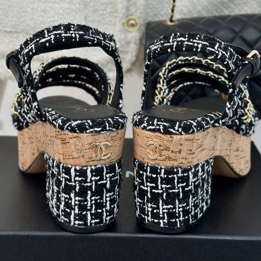 CHANEL Double C Wooden Chain Platform Block Heel Sandals White Caro/ Black