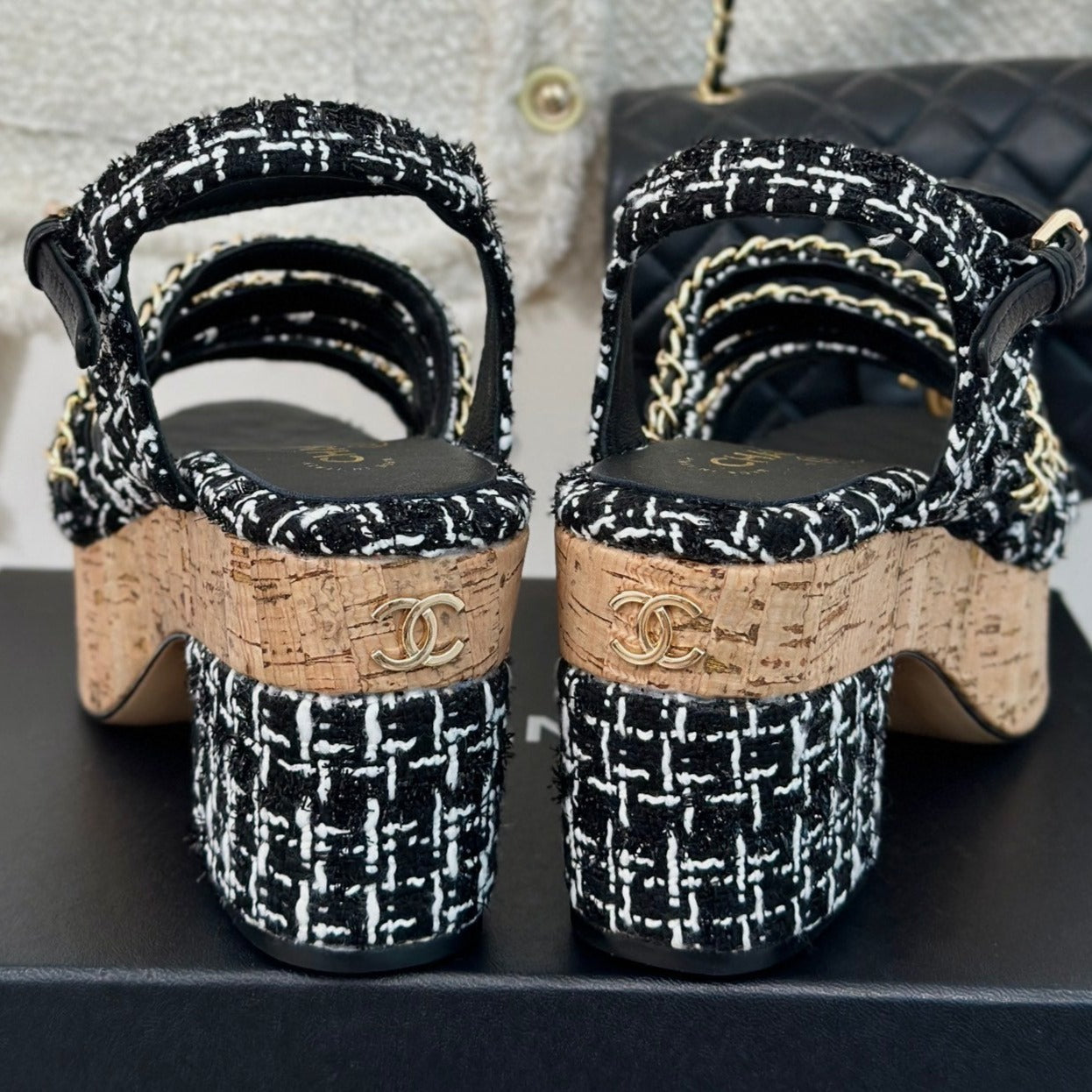CHANEL Double C Wooden Chain Platform Block Heel Sandals White Caro/ Black