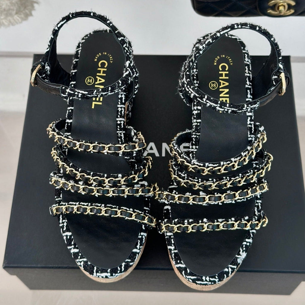 CHANEL Double C Wooden Chain Platform Block Heel Sandals White Caro/ Black