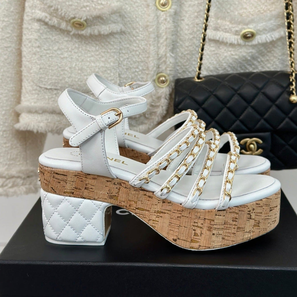 CHANEL Double C Wooden Chain Platform Block Heel Sandals White