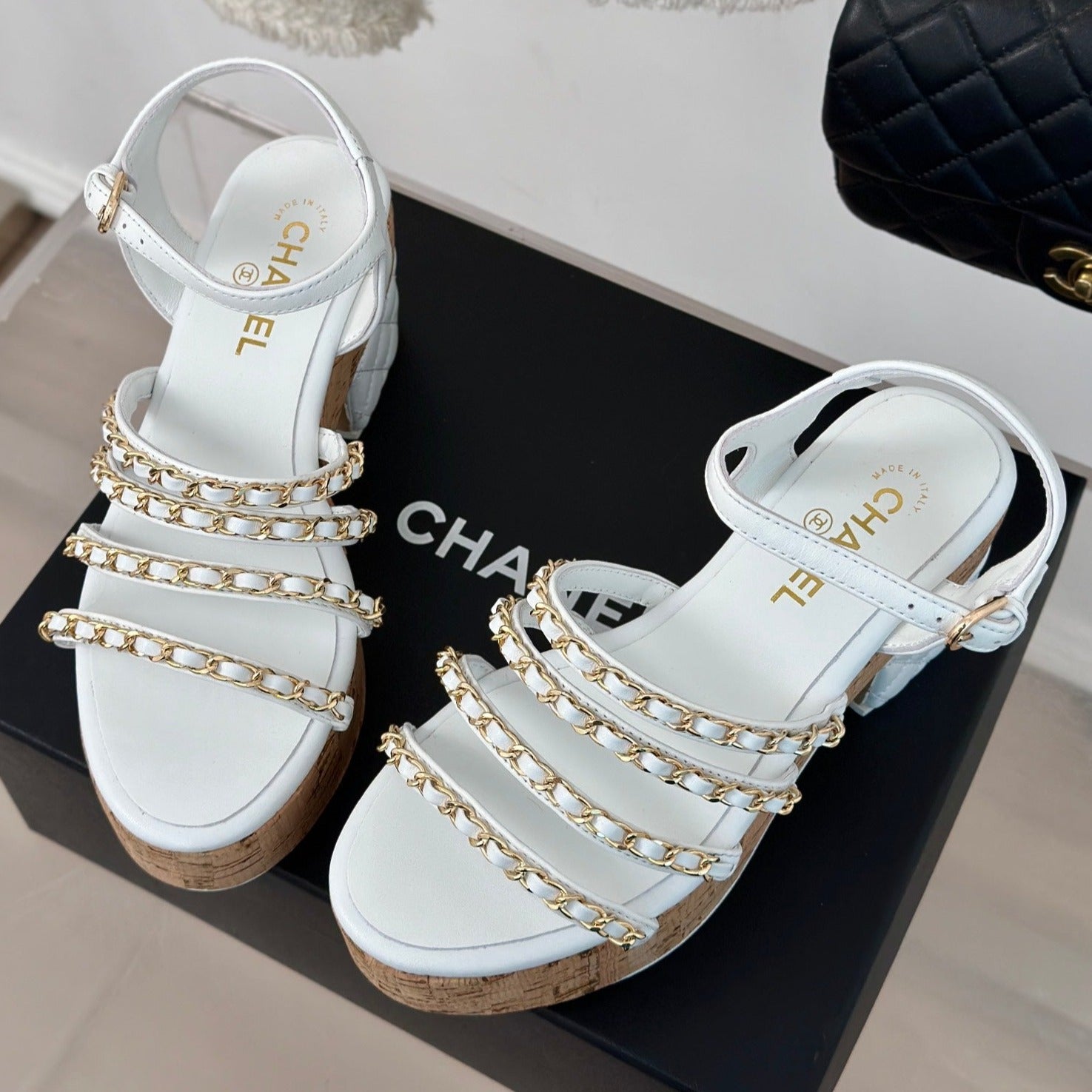 CHANEL Double C Wooden Chain Platform Block Heel Sandals White