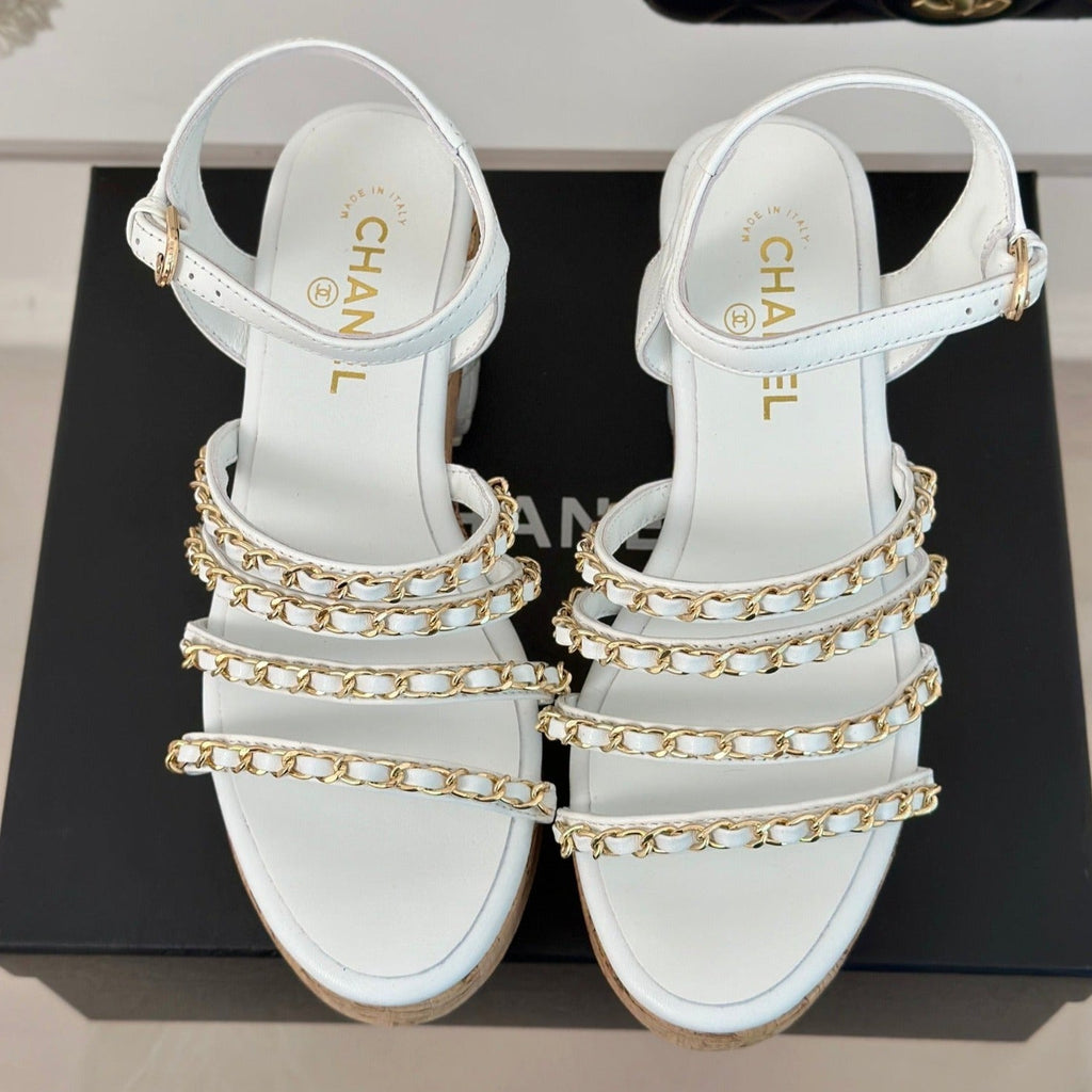 CHANEL Double C Wooden Chain Platform Block Heel Sandals White