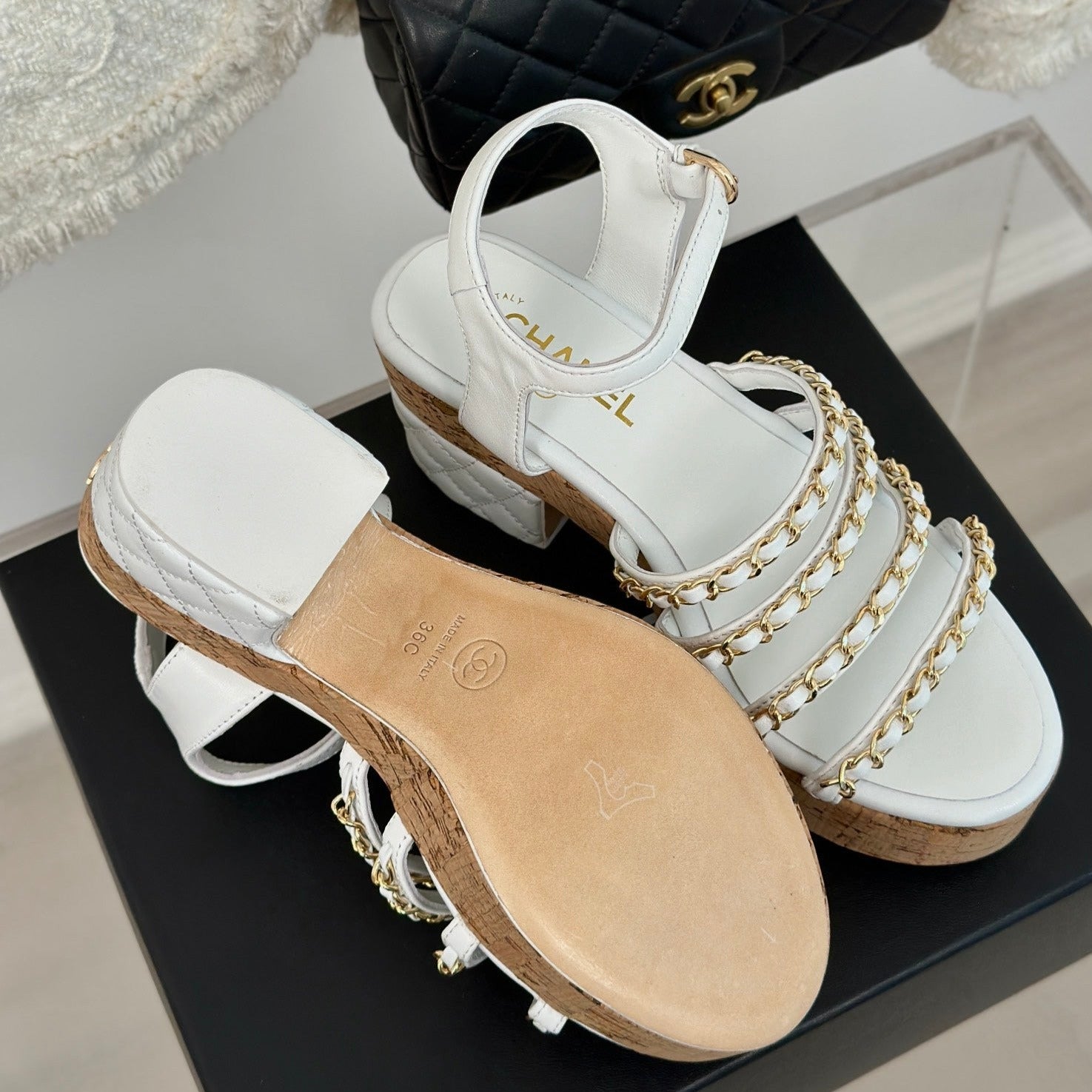 CHANEL Double C Wooden Chain Platform Block Heel Sandals White