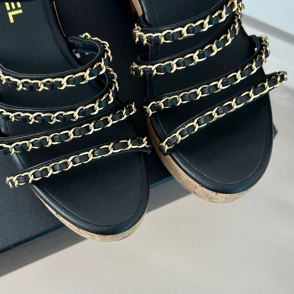 CHANEL Double C Wooden Chain Platform Block Heel Sandals Black