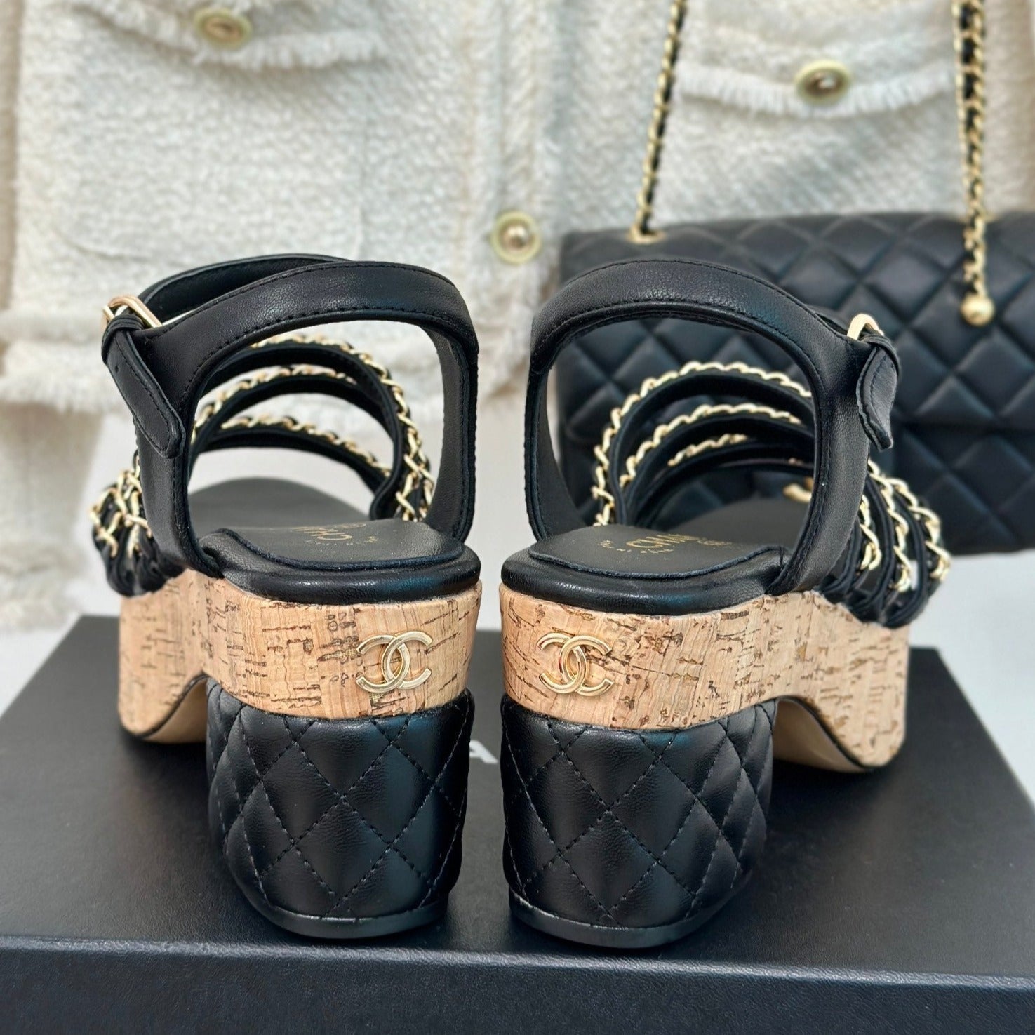 CHANEL Double C Wooden Chain Platform Block Heel Sandals Black