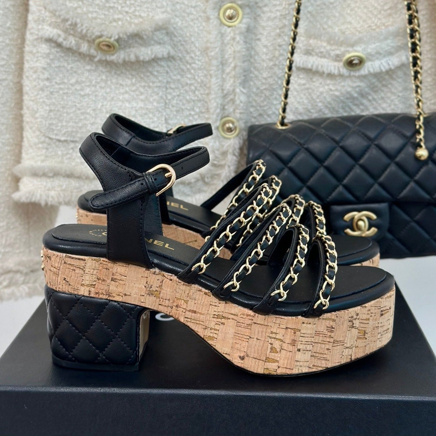 CHANEL Double C Wooden Chain Platform Block Heel Sandals Black