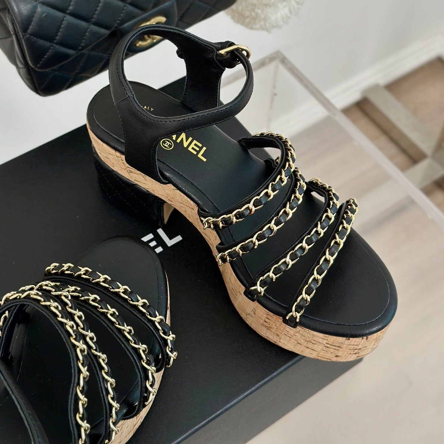 CHANEL Double C Wooden Chain Platform Block Heel Sandals Black