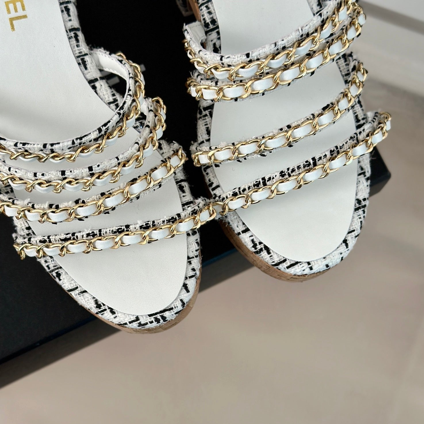 CHANEL Double C Wooden Chain Platform Block Heel Sandals Black Caro/ White