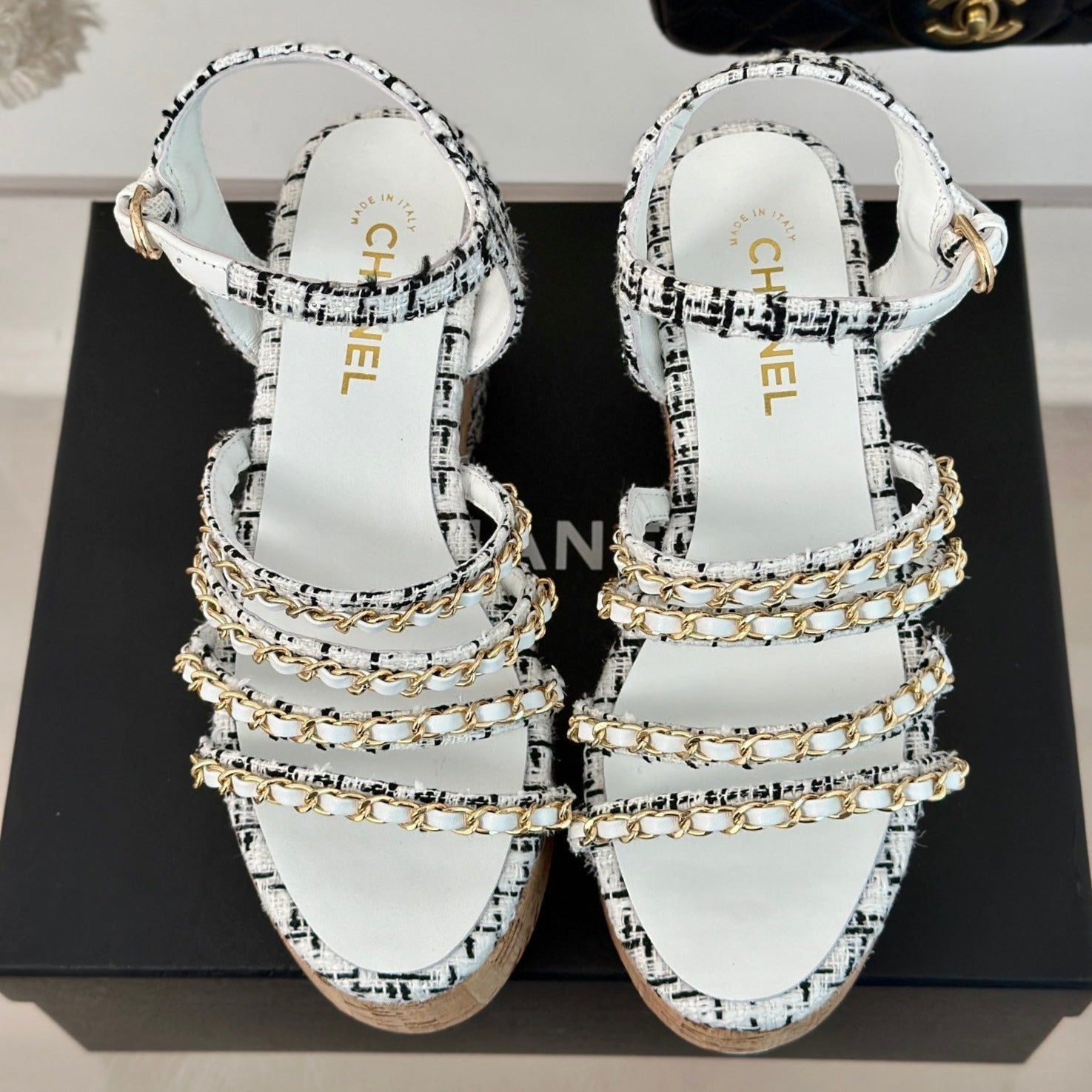 CHANEL Double C Wooden Chain Platform Block Heel Sandals Black Caro/ White