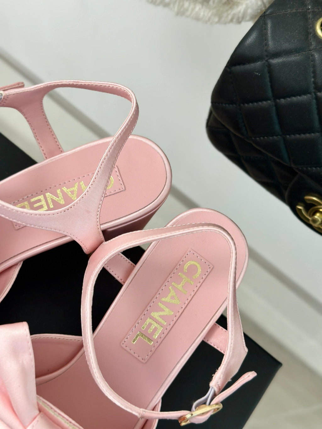 CHANEL Double  Big Bow High Sandal Sheepskin Light Pink
