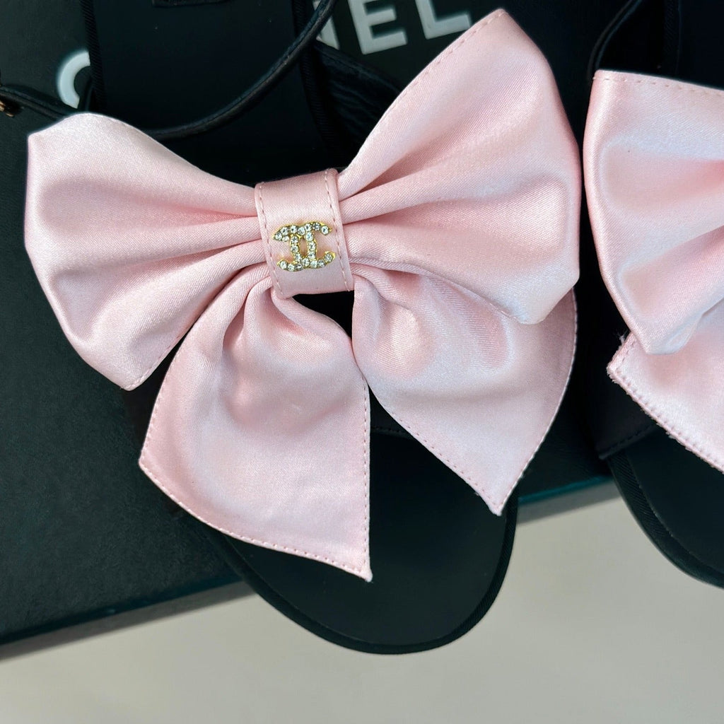 CHANEL Double  Big Bow High Sandal Sheepskin Light Pink/ Black