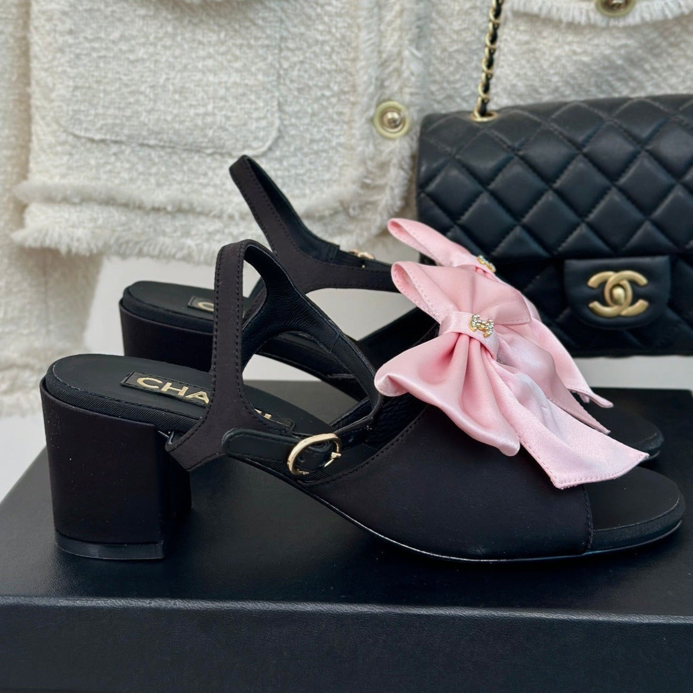 CHANEL Double  Big Bow High Sandal Sheepskin Light Pink/ Black