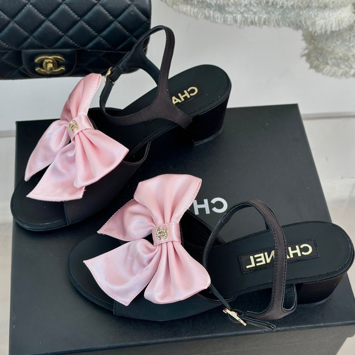 CHANEL Double  Big Bow High Sandal Sheepskin Light Pink/ Black