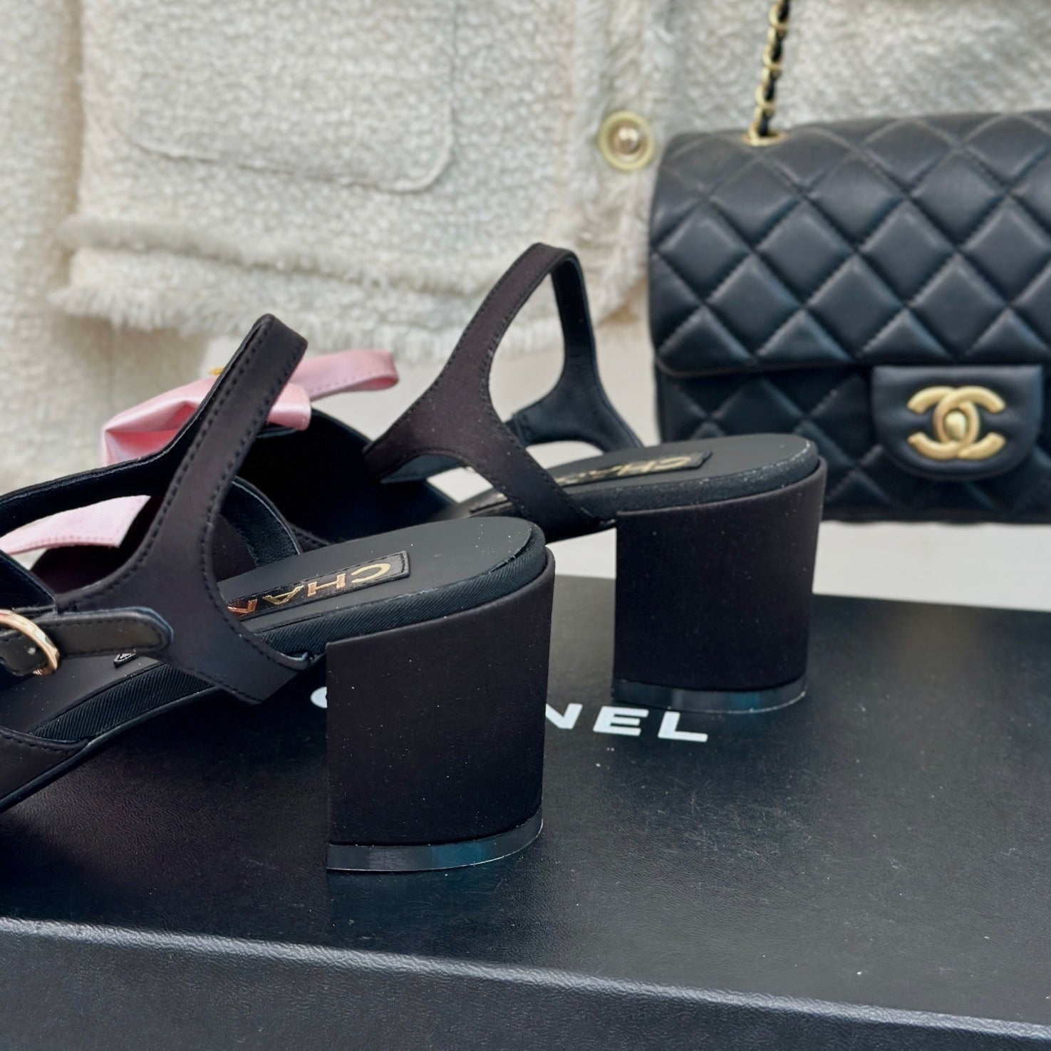 CHANEL Double  Big Bow High Sandal Sheepskin Light Pink/ Black
