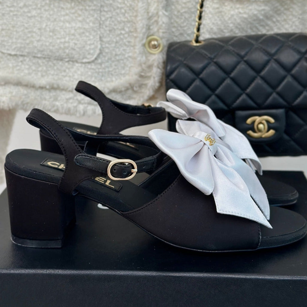 CHANEL Double  Big Bow High Sandal Sheepskin Black White