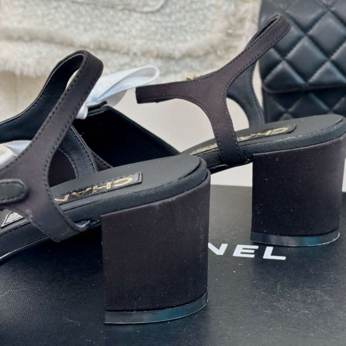 CHANEL Double  Big Bow High Sandal Sheepskin Black White