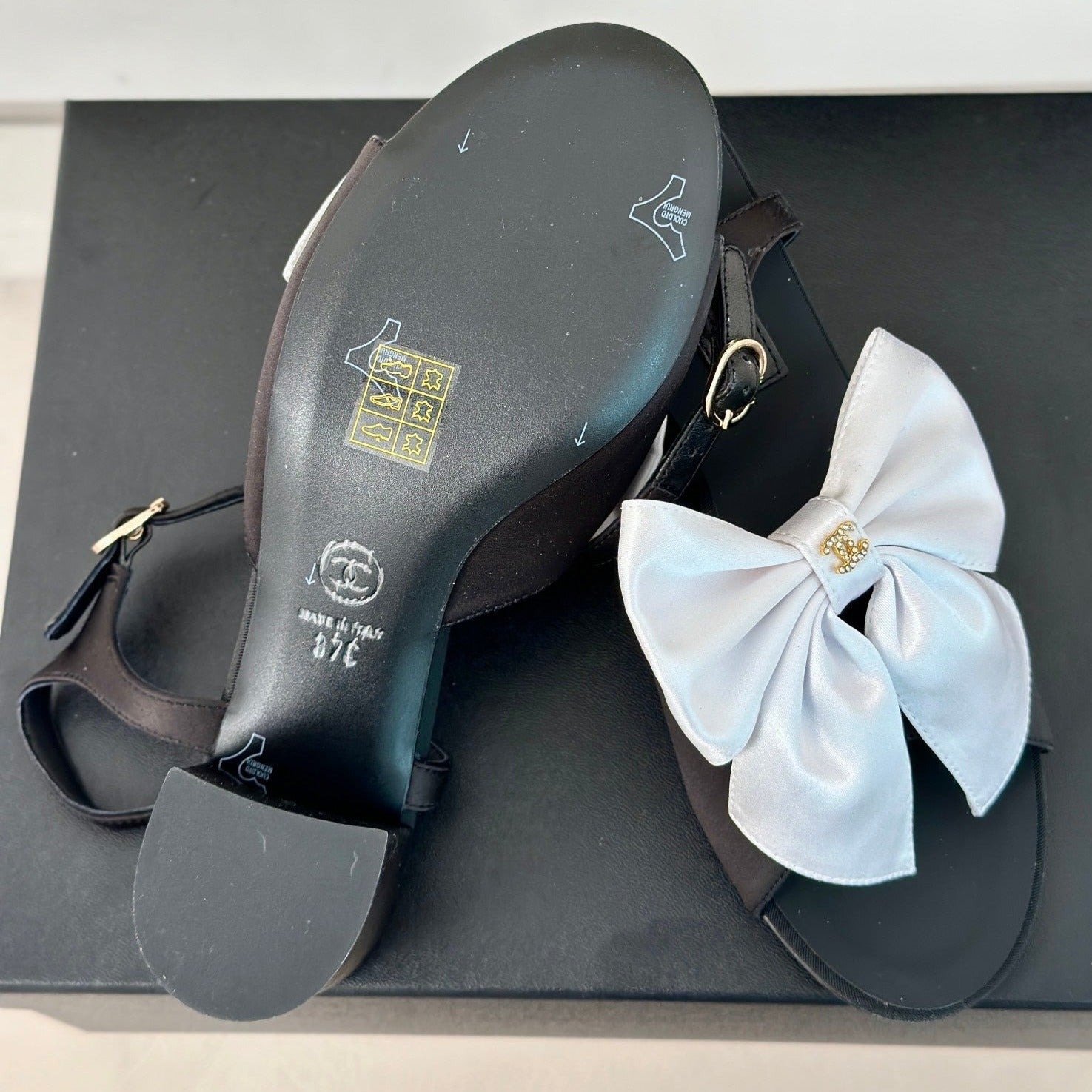 CHANEL Double  Big Bow High Sandal Sheepskin Black White